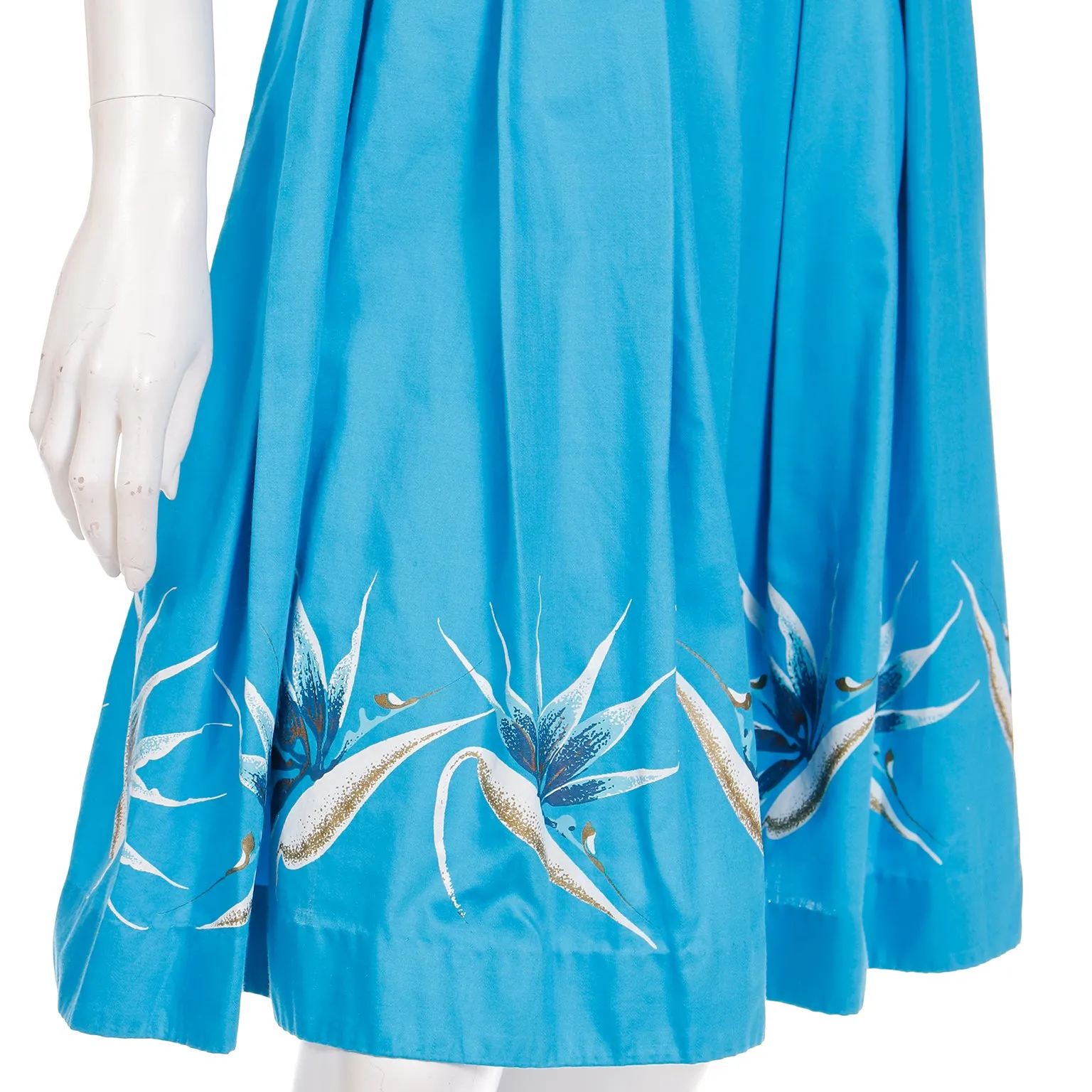 1950s Alfred Shaheen Blue Halter Dress w Birds of Paradise Flowers