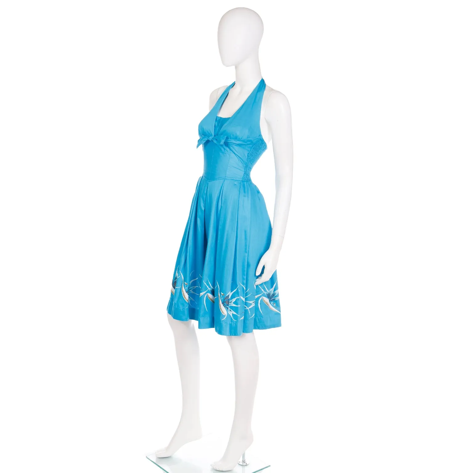 1950s Alfred Shaheen Blue Halter Dress w Birds of Paradise Flowers