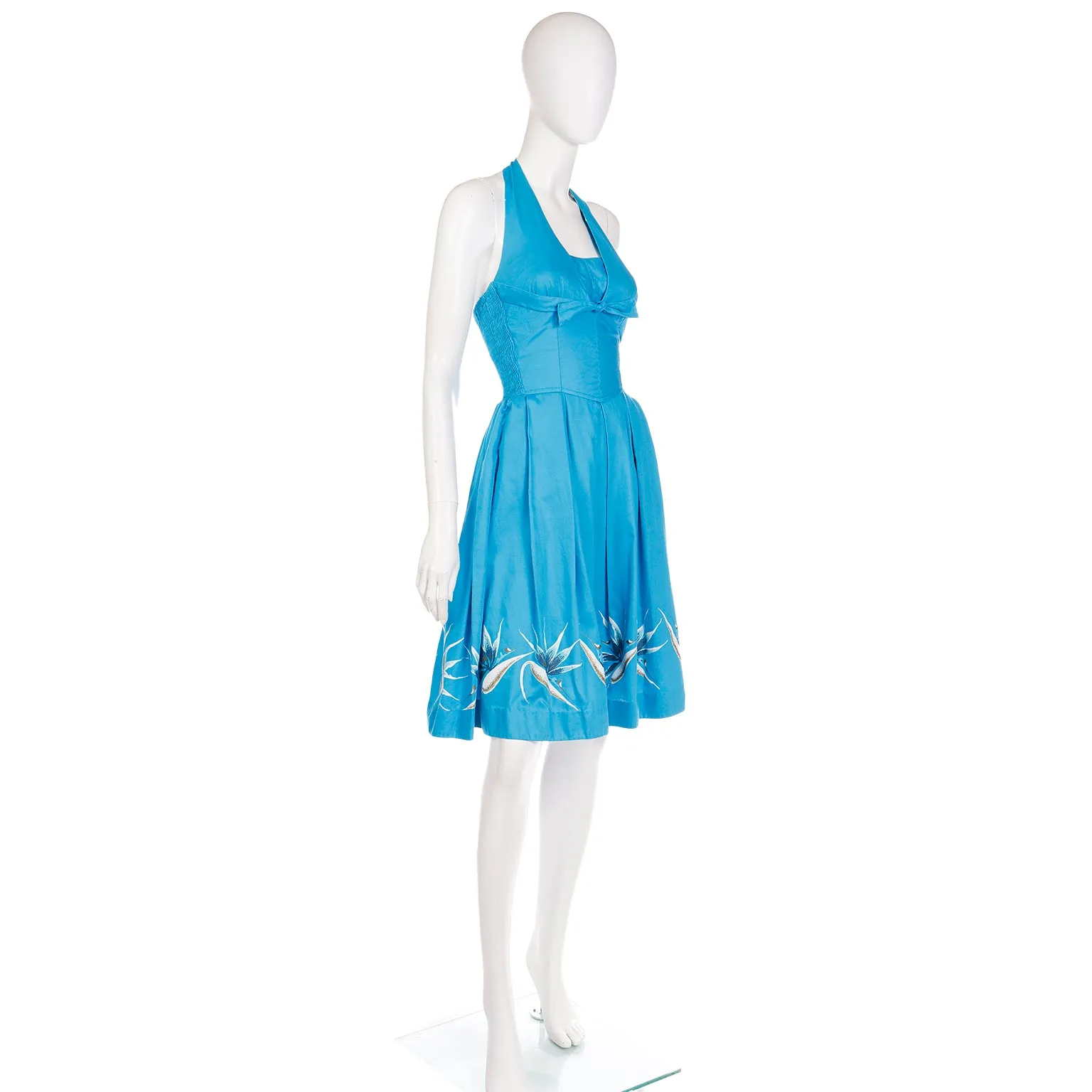 1950s Alfred Shaheen Blue Halter Dress w Birds of Paradise Flowers