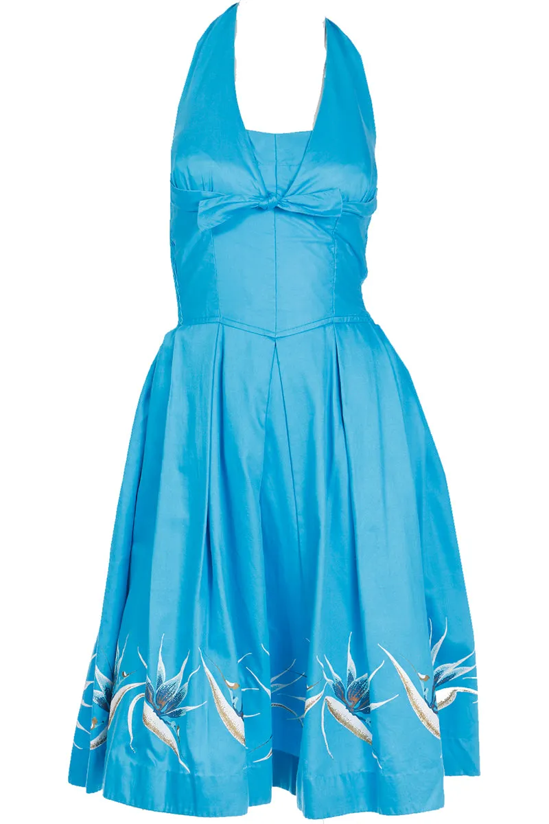 1950s Alfred Shaheen Blue Halter Dress w Birds of Paradise Flowers