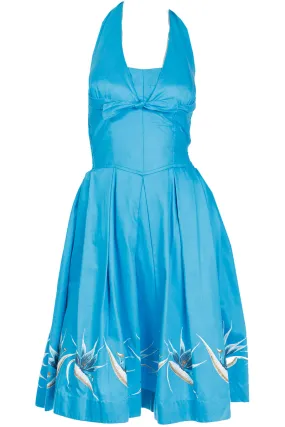 1950s Alfred Shaheen Blue Halter Dress w Birds of Paradise Flowers