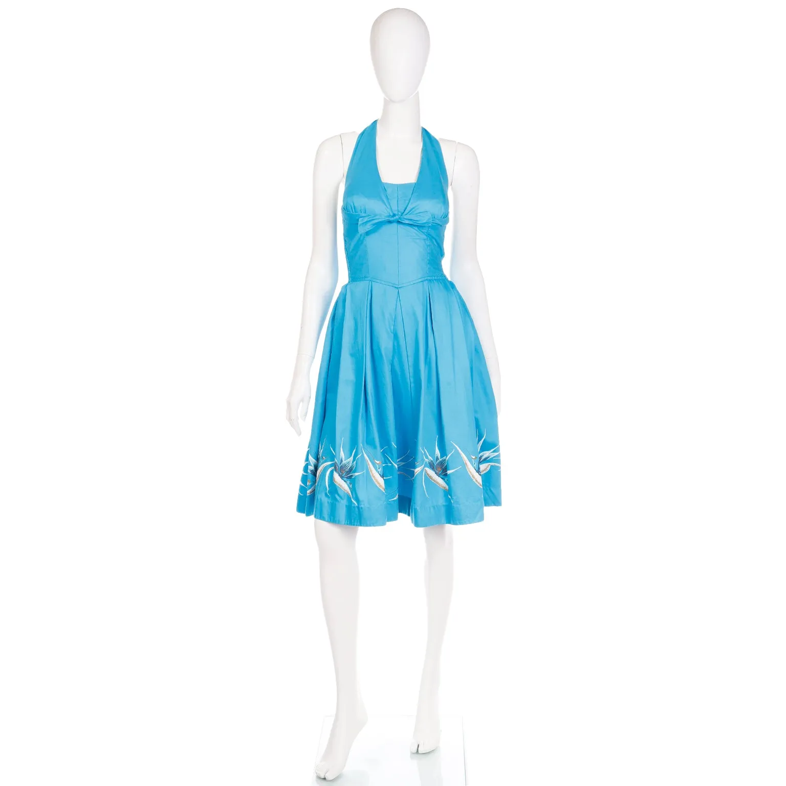 1950s Alfred Shaheen Blue Halter Dress w Birds of Paradise Flowers