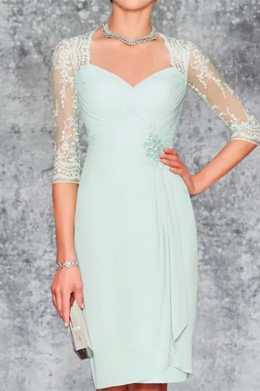 3/4 Sleeves Knee Length Ruffle Chiffon Mother of the Bride Outfits with Lace