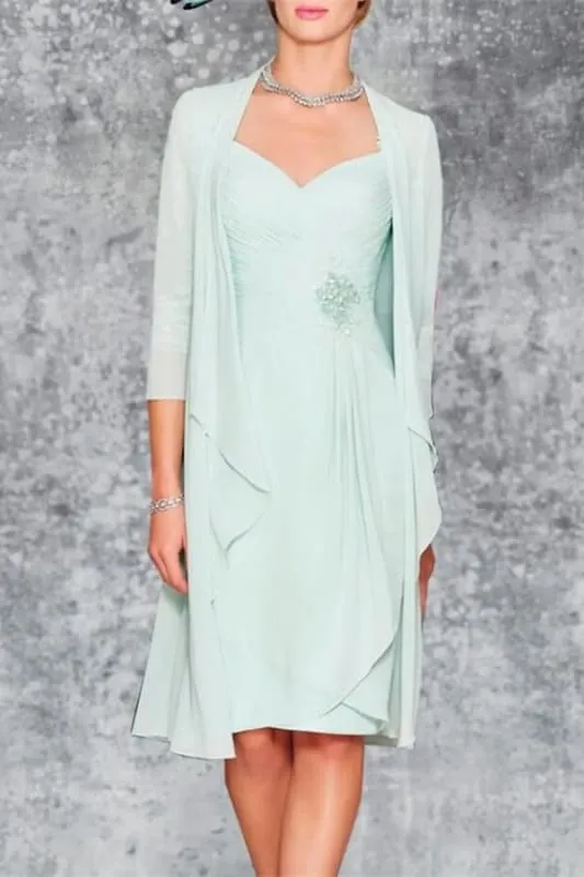 3/4 Sleeves Knee Length Ruffle Chiffon Mother of the Bride Outfits with Lace