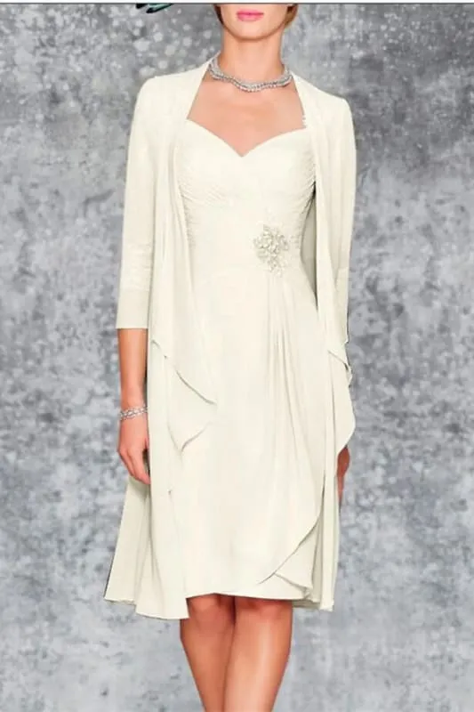 3/4 Sleeves Knee Length Ruffle Chiffon Mother of the Bride Outfits with Lace