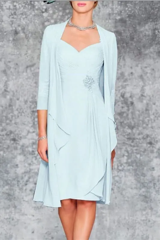 3/4 Sleeves Knee Length Ruffle Chiffon Mother of the Bride Outfits with Lace