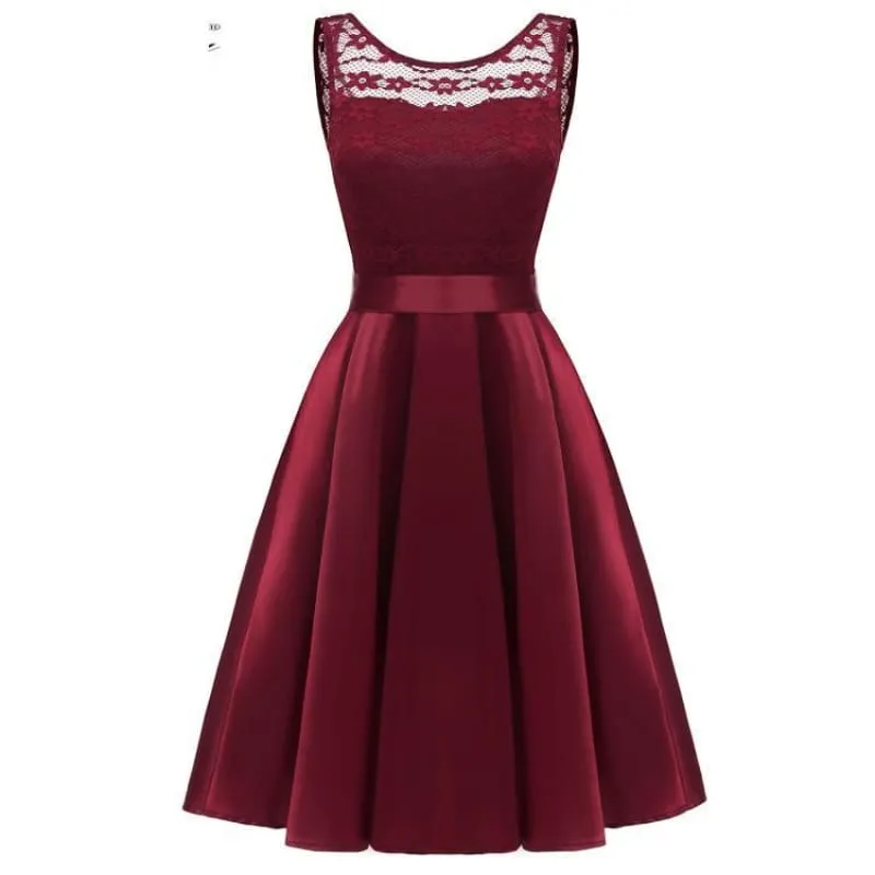 A| Bridelily Burgundy Knee-Length Women's Lace Dress