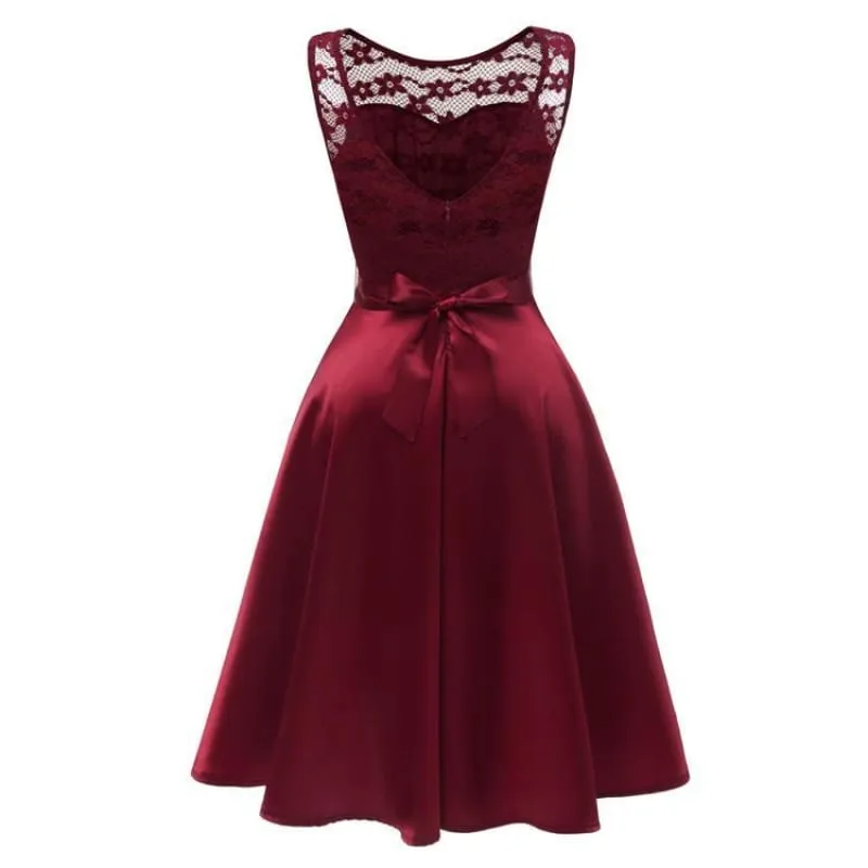 A| Bridelily Burgundy Knee-Length Women's Lace Dress