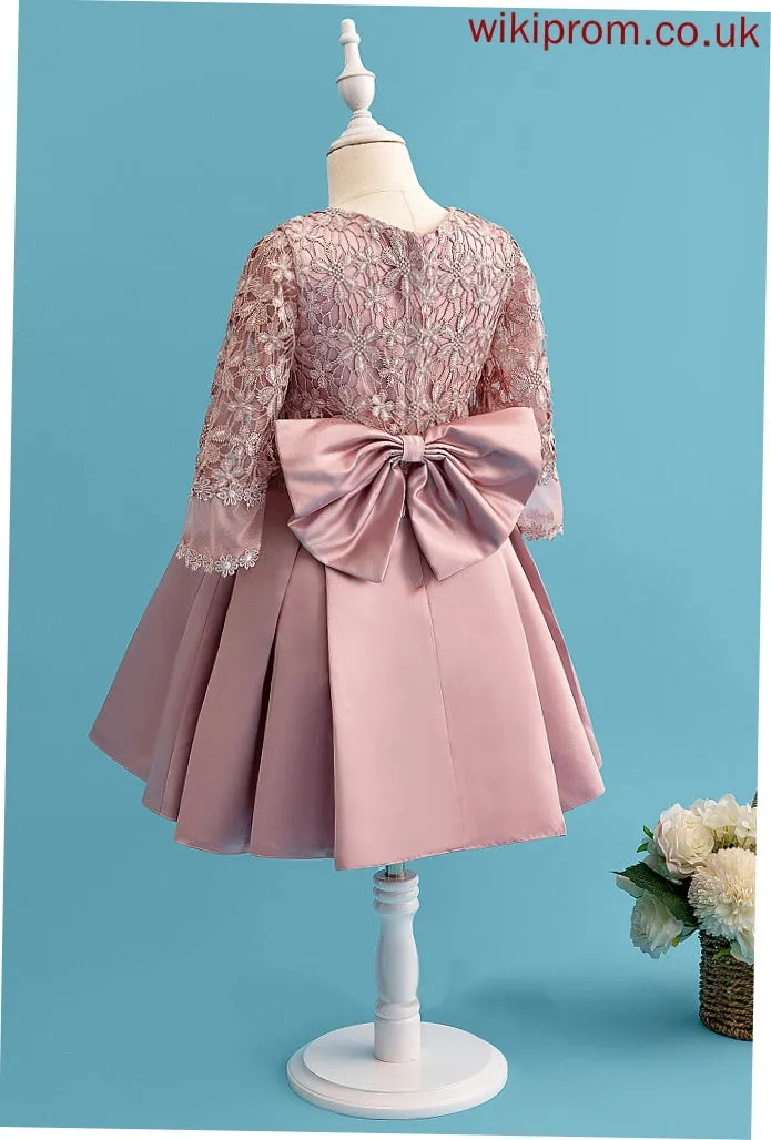 A-Line Dress Neck Long Knee-length Scoop Flower Bow(s) Flower Girl Dresses Girl With Geraldine Satin/Lace - Sleeves
