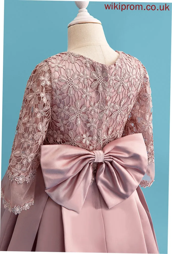A-Line Dress Neck Long Knee-length Scoop Flower Bow(s) Flower Girl Dresses Girl With Geraldine Satin/Lace - Sleeves