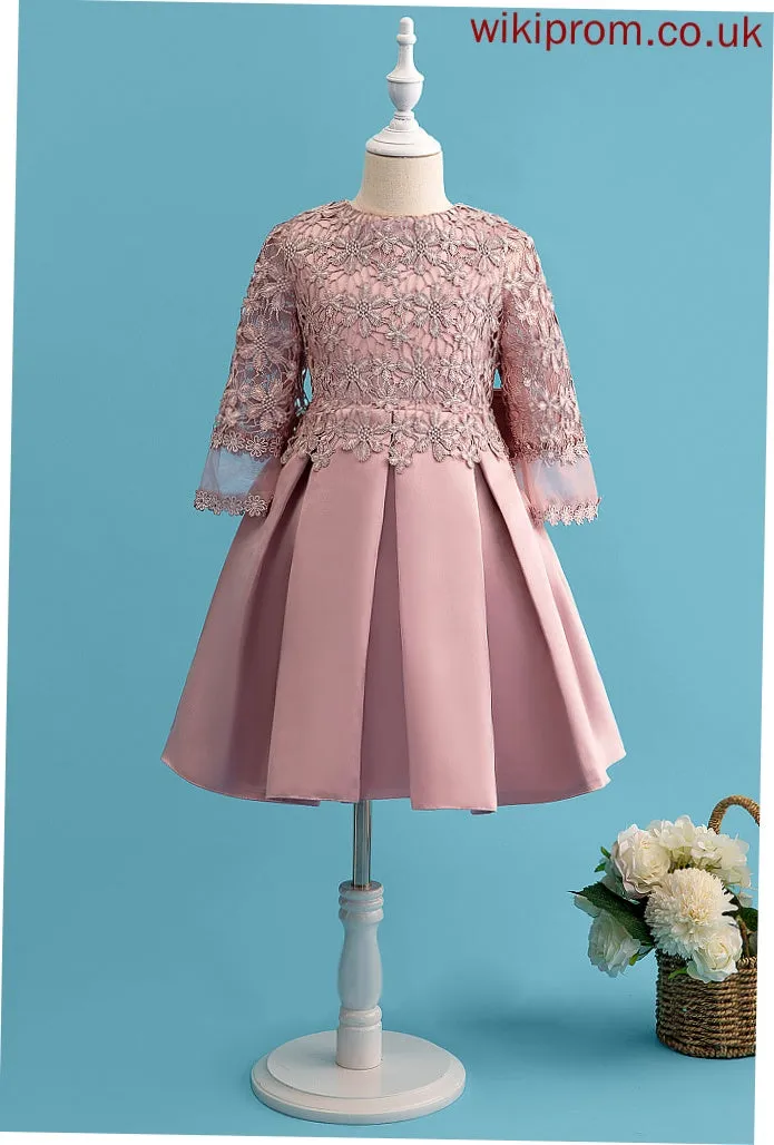 A-Line Dress Neck Long Knee-length Scoop Flower Bow(s) Flower Girl Dresses Girl With Geraldine Satin/Lace - Sleeves