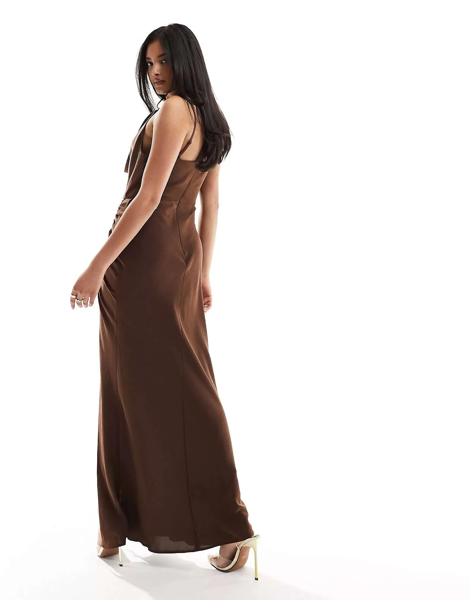 ASOS Satin Cowl Neck Maxi Dress with Smocked Skirt in Brown