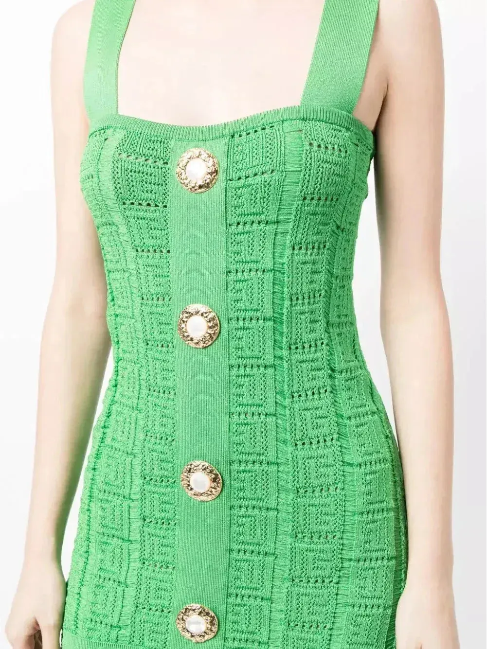 Buttoned Open-Knit Mini Dress, Green