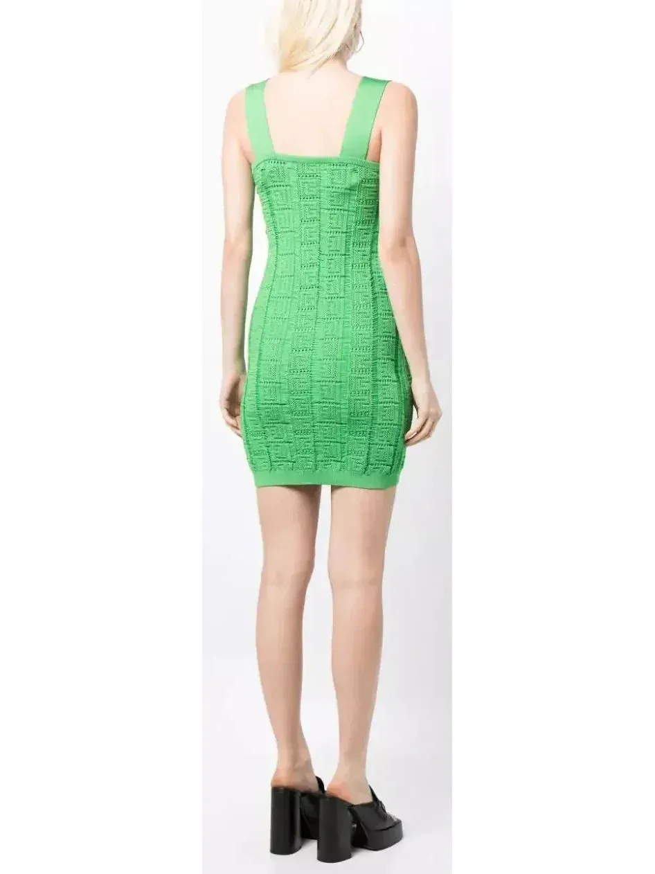Buttoned Open-Knit Mini Dress, Green