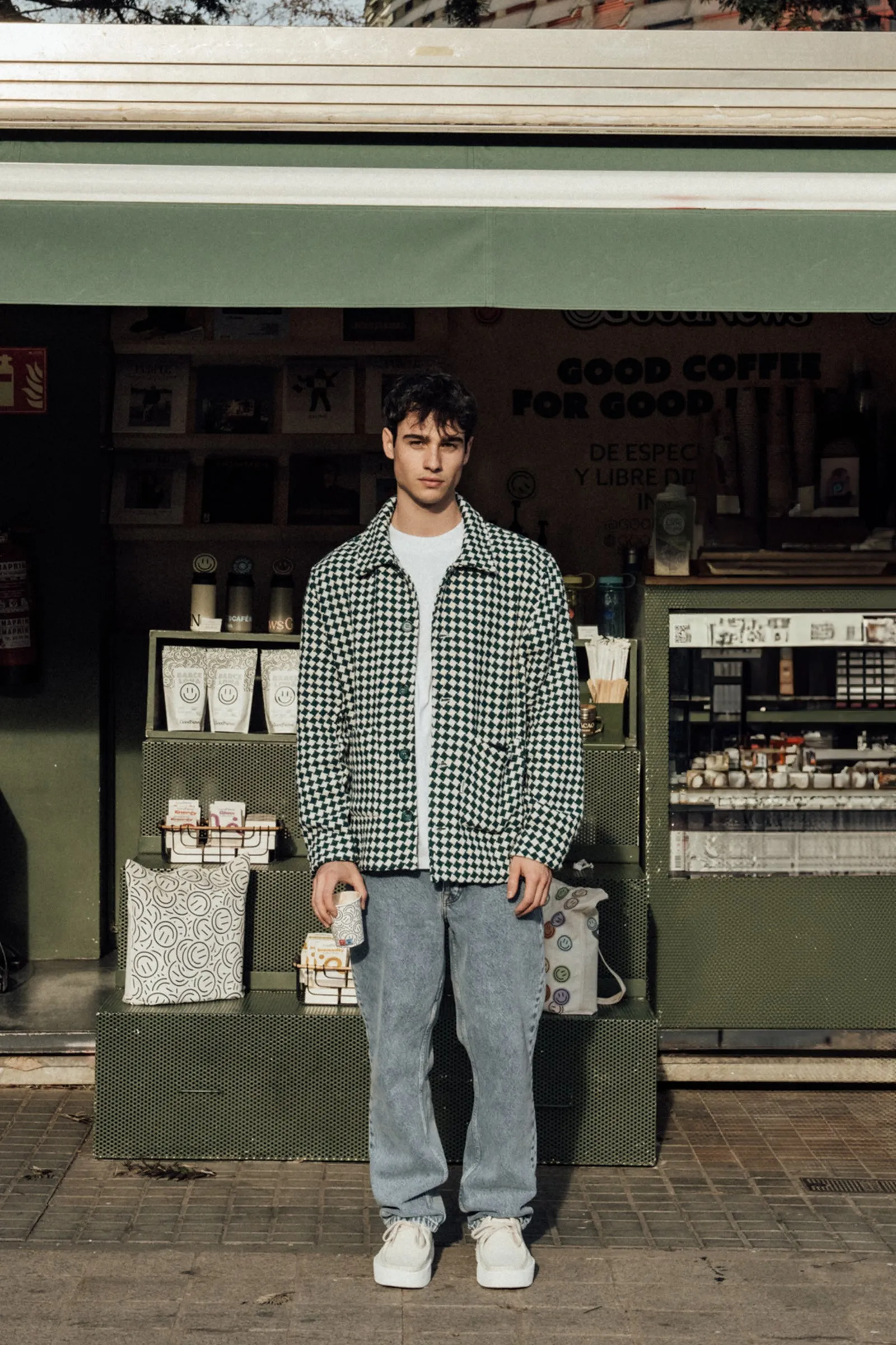 CHECKERED WOVEN OVERSHIRT - BOTTLE GREEN