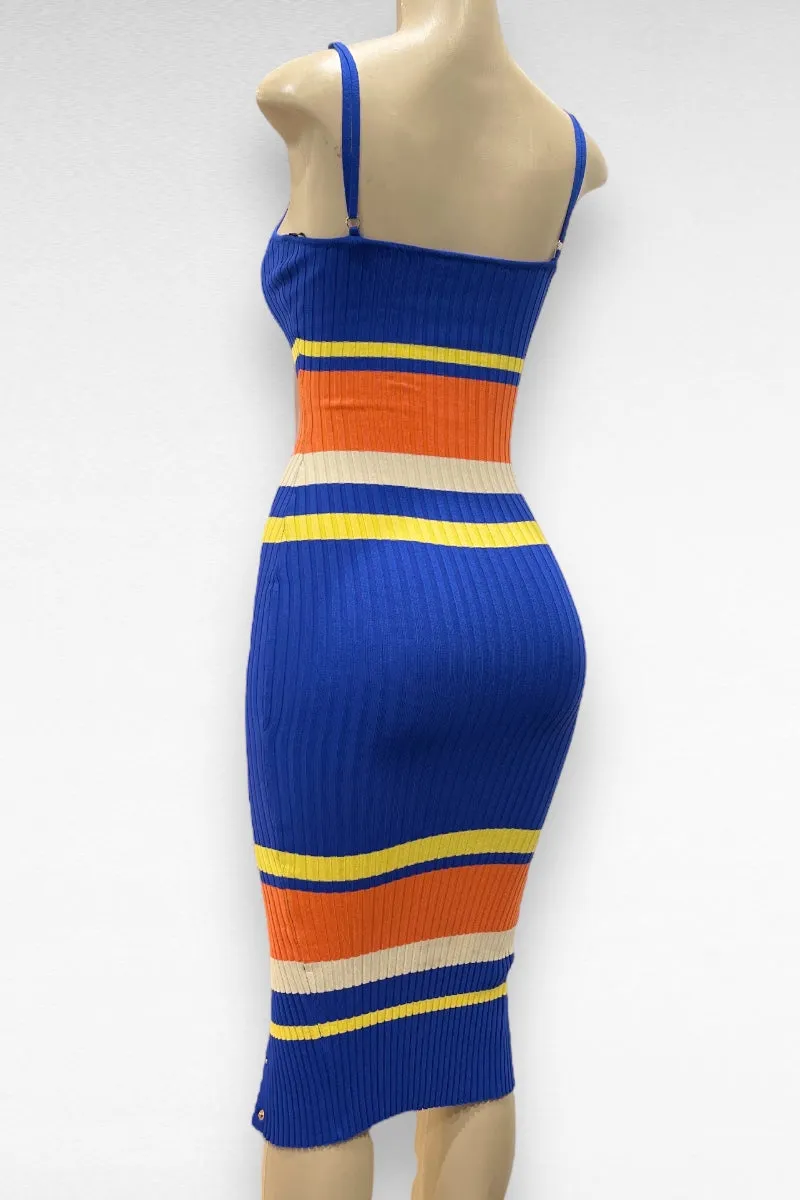 Color Block Front Open Slit Buttoned Ribbed Midi Dress
