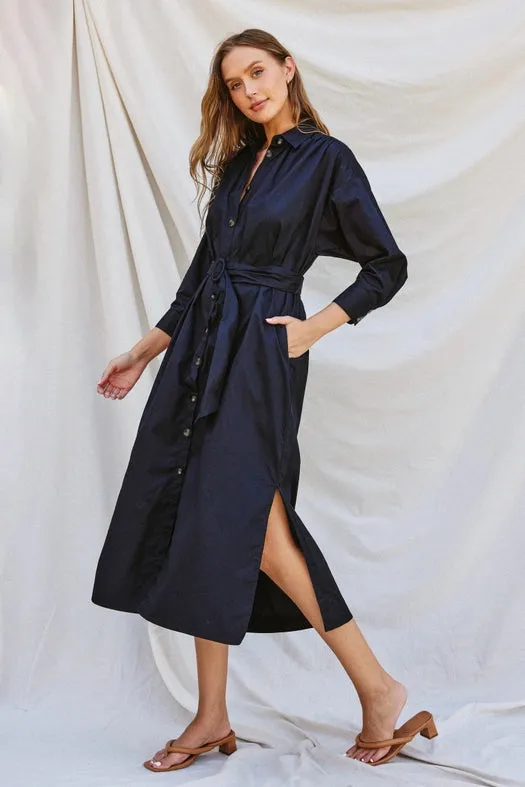 Cotton Poplin Buckled Belt Shirt Dress DARK NAVY