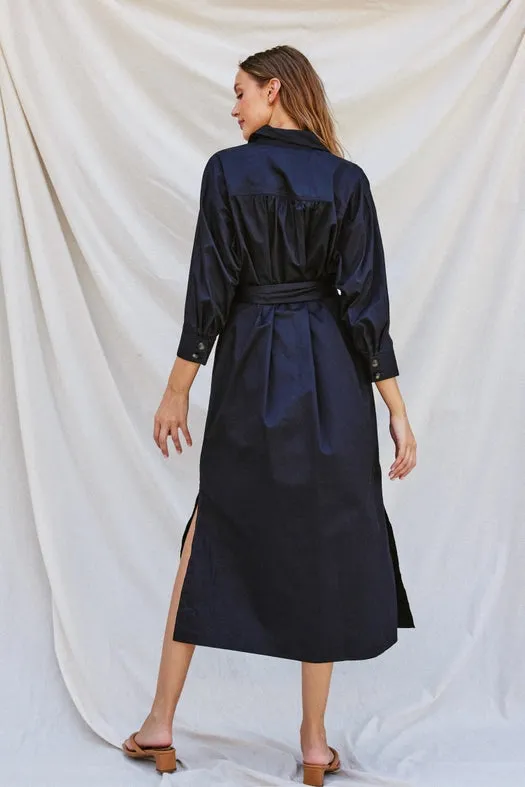 Cotton Poplin Buckled Belt Shirt Dress DARK NAVY