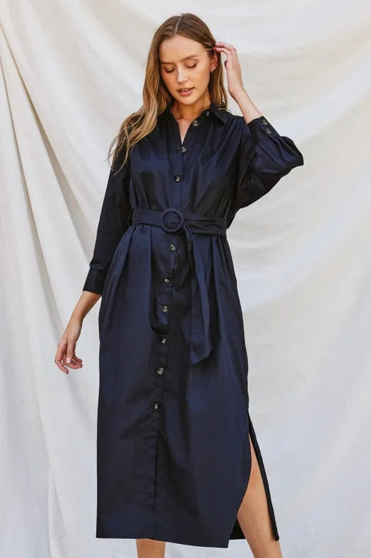 Cotton Poplin Buckled Belt Shirt Dress DARK NAVY