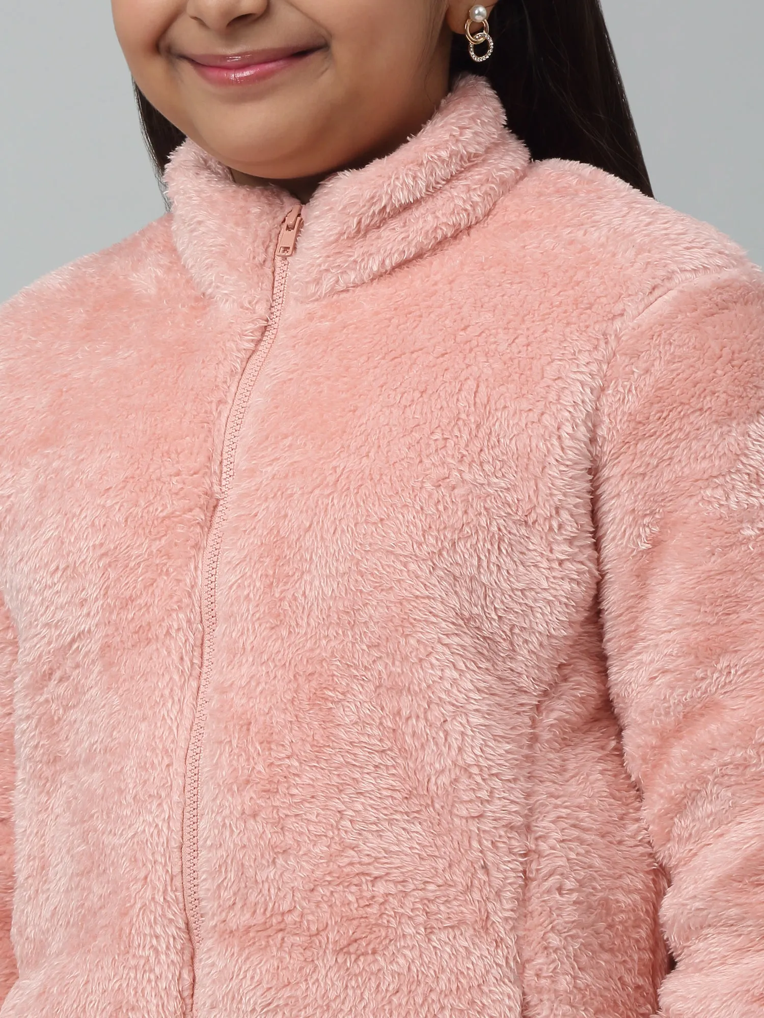 Girls Pink Mandarin Collar Jacket For Winter