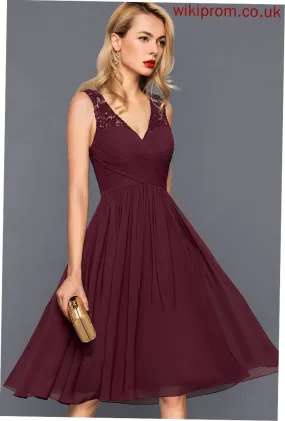 Neckline Length A-Line Embellishment Knee-Length Fabric Silhouette Ruffle V-neck Justice Sleeveless A-Line/Princess Bridesmaid Dresses