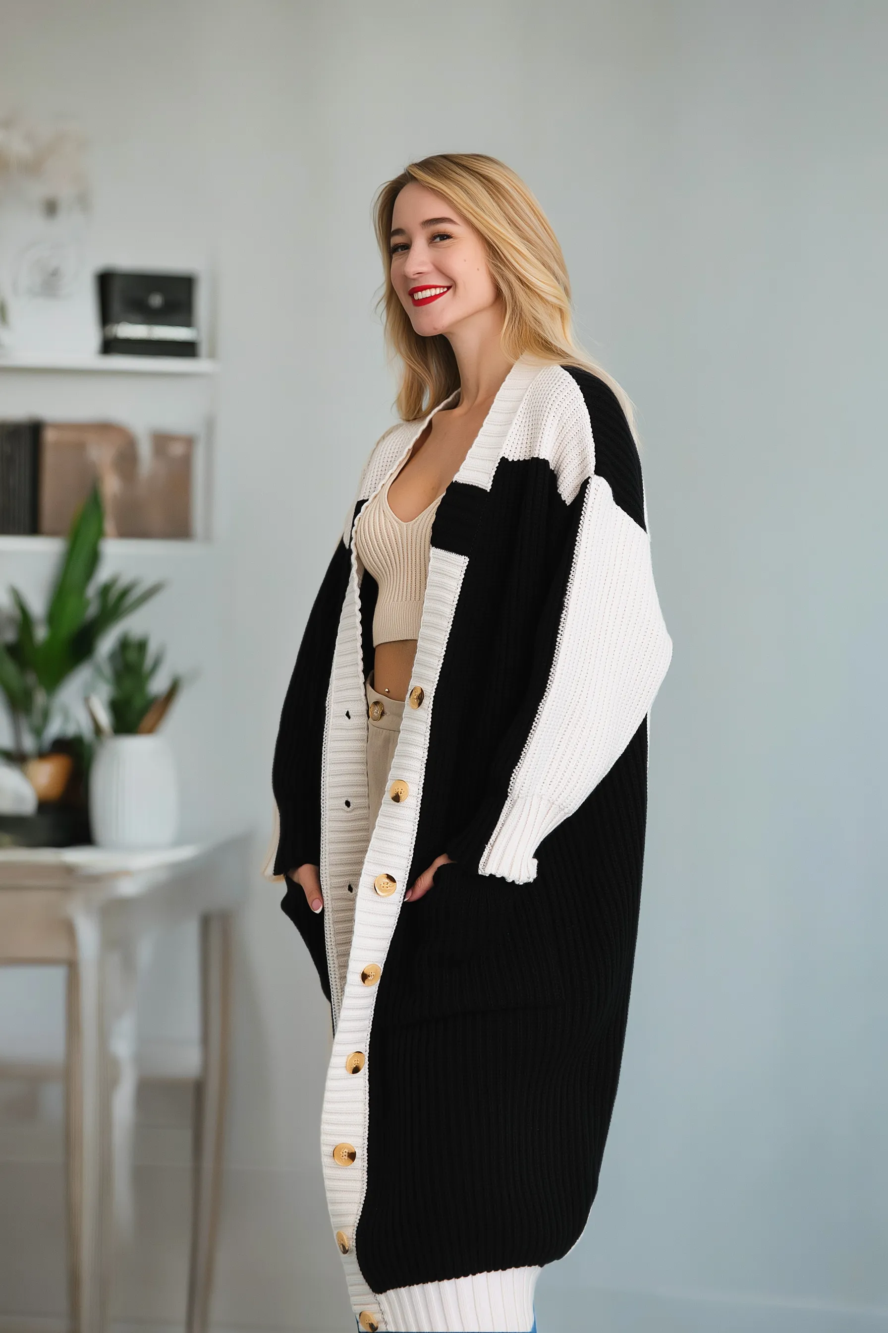 Oversized Color Block Button-Up Knit Cardigan