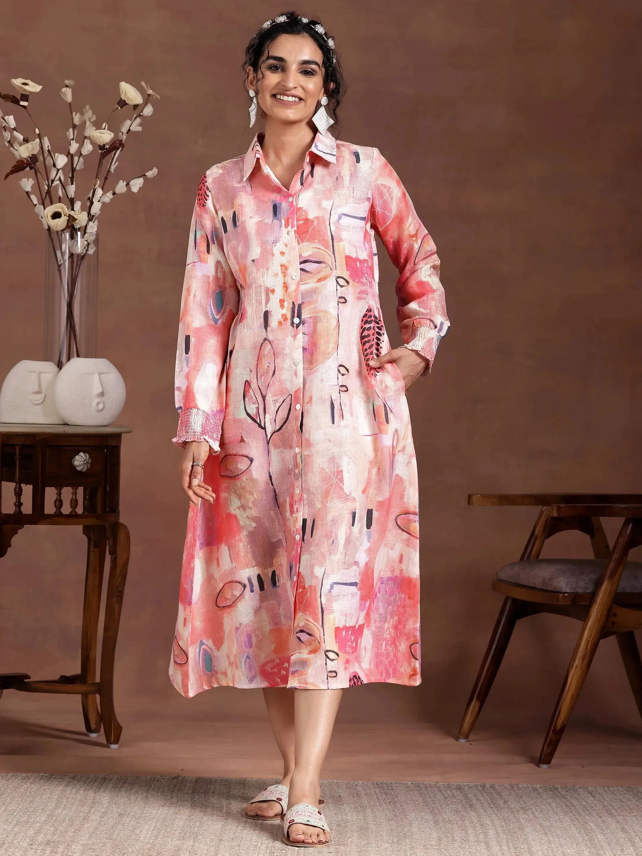 Peach Printed Linen A-Line Dress
