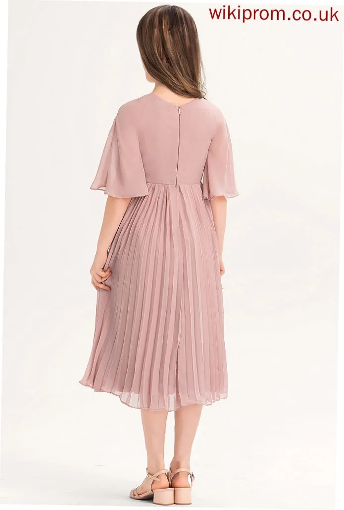 Pleated Knee-Length With Junior Bridesmaid Dresses Scoop A-Line Bow(s) Chiffon Aisha Neck