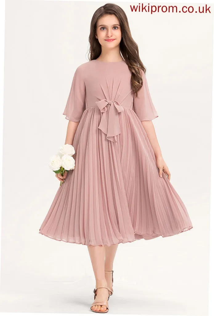 Pleated Knee-Length With Junior Bridesmaid Dresses Scoop A-Line Bow(s) Chiffon Aisha Neck