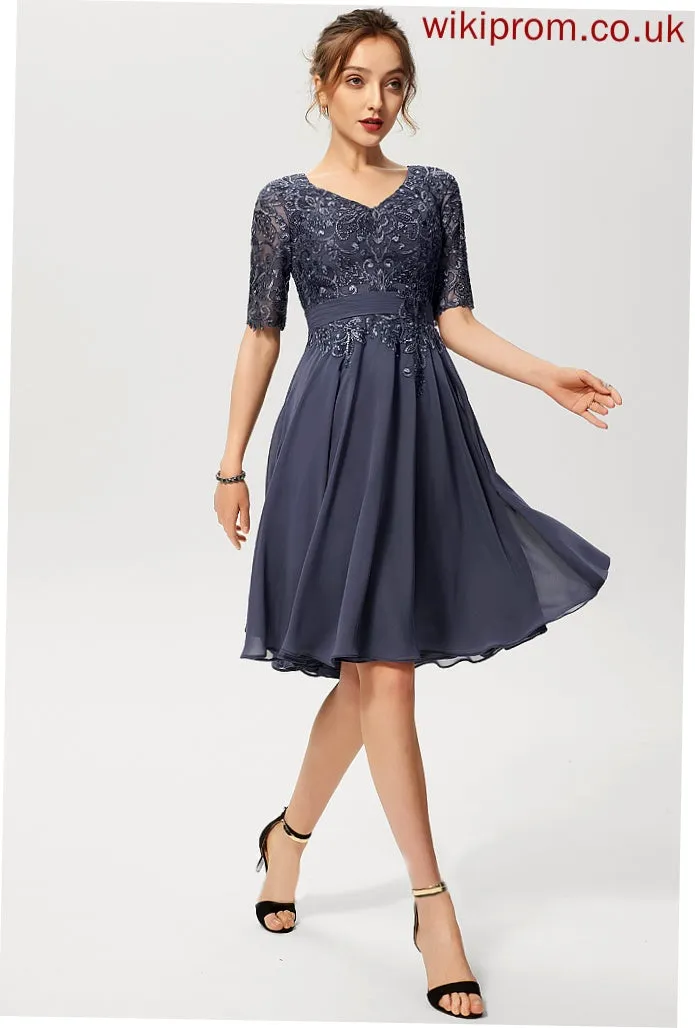 Riley A-Line Dress Sequins With Cocktail Cocktail Dresses Knee-Length Lace Chiffon V-neck