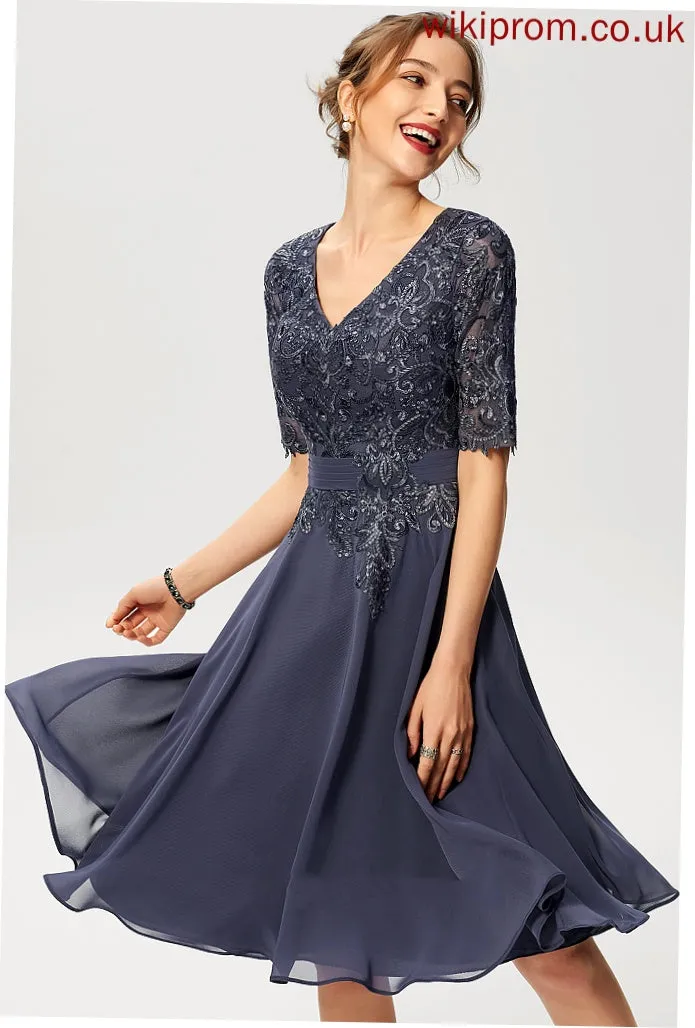 Riley A-Line Dress Sequins With Cocktail Cocktail Dresses Knee-Length Lace Chiffon V-neck