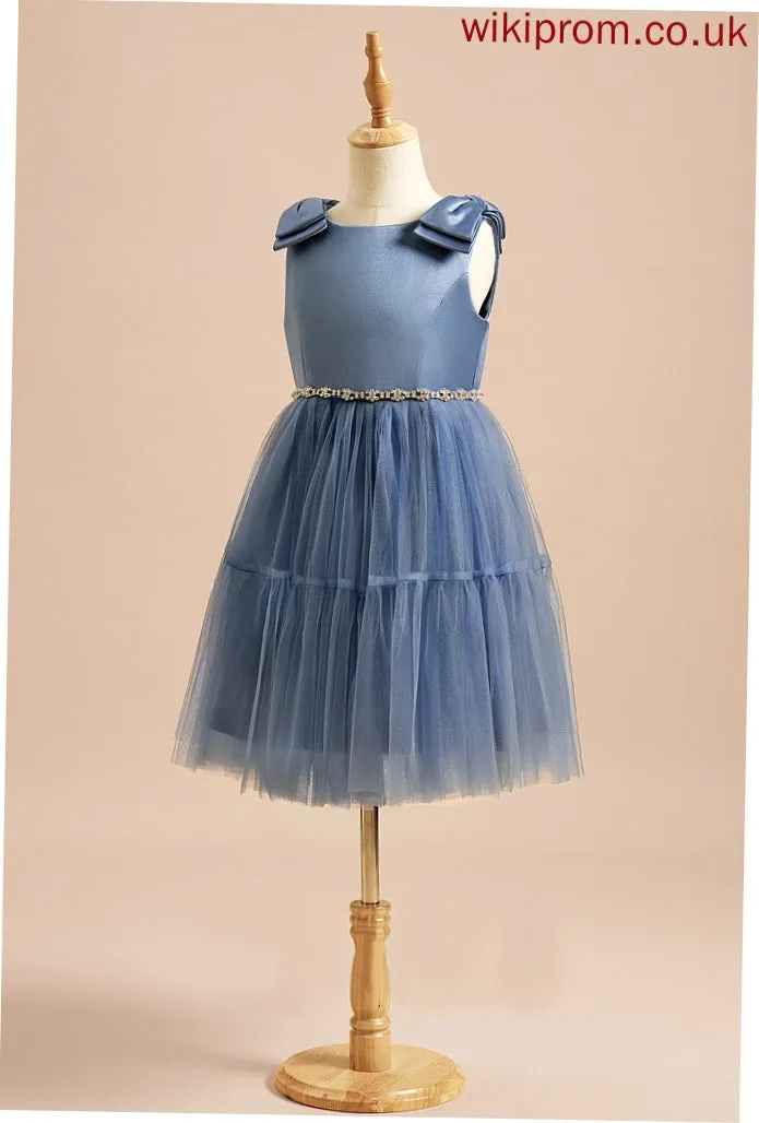 Satin/Tulle A-Line Madge Neck Dress Scoop Knee-length Beading/Bow(s) With Girl Flower Girl Dresses Sleeveless - Flower