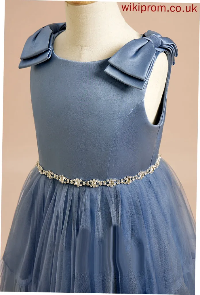 Satin/Tulle A-Line Madge Neck Dress Scoop Knee-length Beading/Bow(s) With Girl Flower Girl Dresses Sleeveless - Flower