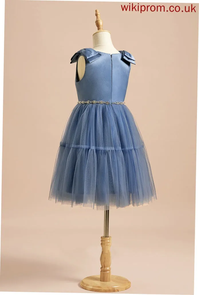 Satin/Tulle A-Line Madge Neck Dress Scoop Knee-length Beading/Bow(s) With Girl Flower Girl Dresses Sleeveless - Flower