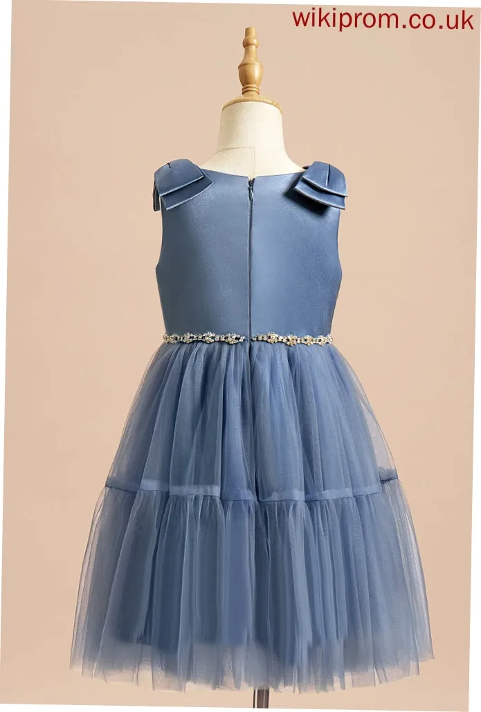 Satin/Tulle A-Line Madge Neck Dress Scoop Knee-length Beading/Bow(s) With Girl Flower Girl Dresses Sleeveless - Flower