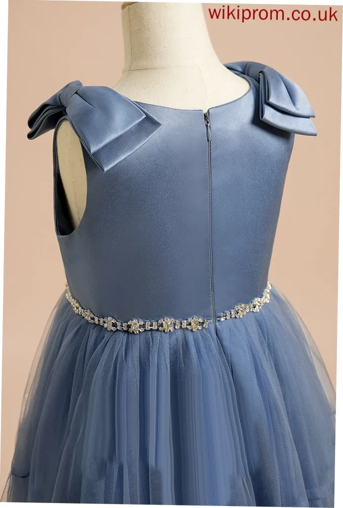 Satin/Tulle A-Line Madge Neck Dress Scoop Knee-length Beading/Bow(s) With Girl Flower Girl Dresses Sleeveless - Flower
