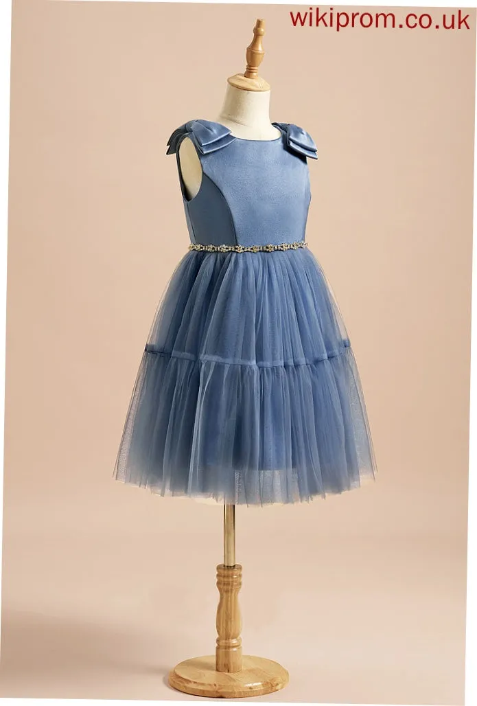 Satin/Tulle A-Line Madge Neck Dress Scoop Knee-length Beading/Bow(s) With Girl Flower Girl Dresses Sleeveless - Flower