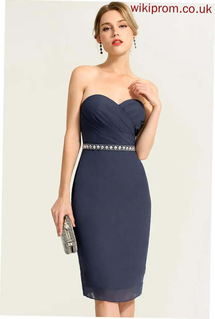 Sweetheart Cocktail With Cocktail Dresses Dress Chiffon Sheath/Column Ruffle Rhianna Beading Knee-Length
