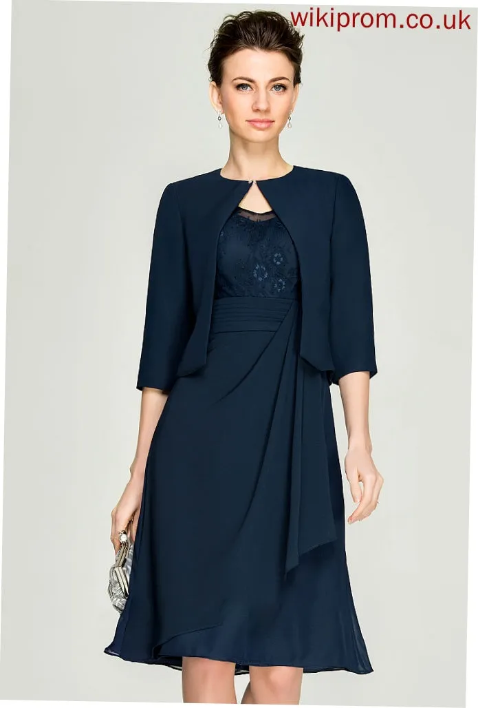 V-neck Bride Ruffles With A-Line Lace Knee-Length Mother of the Bride Dresses Mother Zoe of Chiffon Dress Cascading the