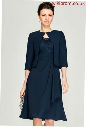 V-neck Bride Ruffles With A-Line Lace Knee-Length Mother of the Bride Dresses Mother Zoe of Chiffon Dress Cascading the