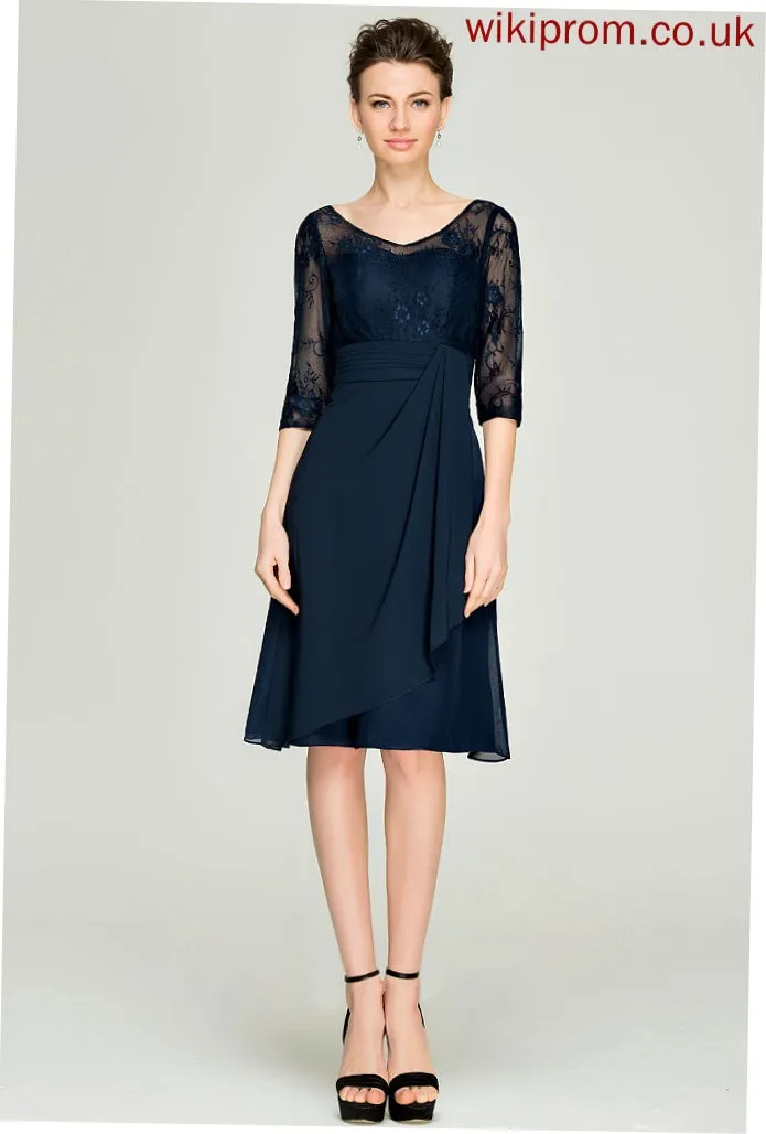 V-neck Bride Ruffles With A-Line Lace Knee-Length Mother of the Bride Dresses Mother Zoe of Chiffon Dress Cascading the